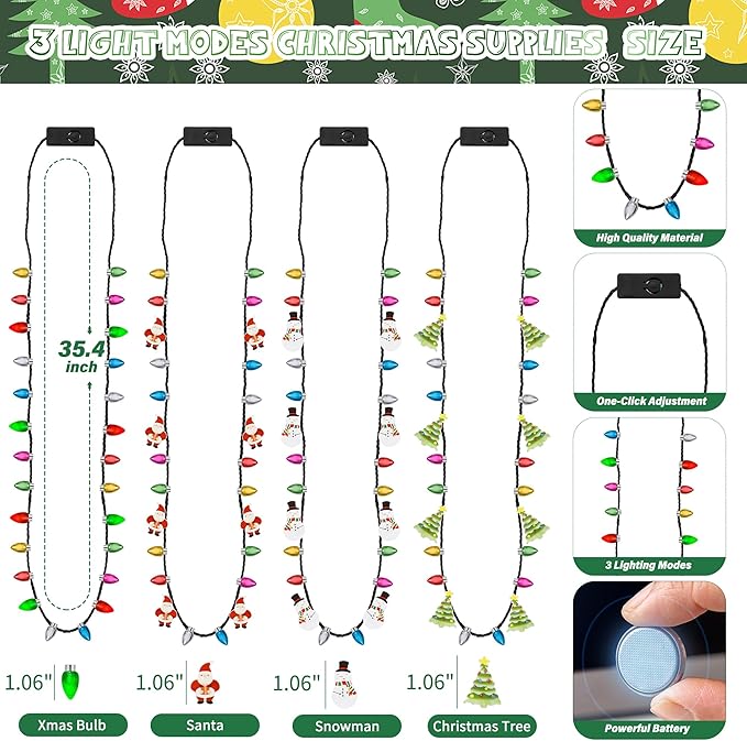 100pcs Christmas Necklaces Bulk, Light up 4 Kinds Christmas Necklace Accessories, Colorful 3 Modes Xmas Bulb Necklaces Party Favors, Xmas Ugly Sweater New Year Family Party Supplies Decorations