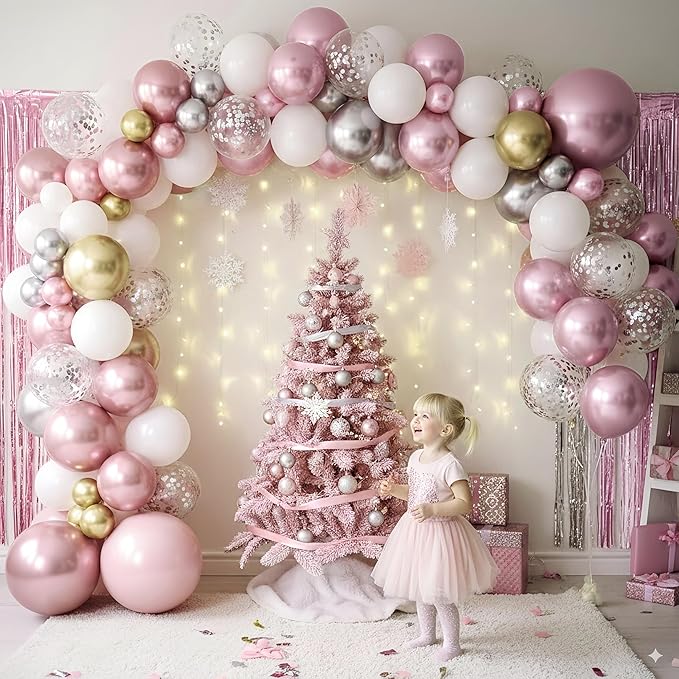 Pink White Winter Wonderland Snowflake Balloons Set, Metallic Light Pink Gold Silver White Snowflake Confetti Balloons for Girl Christmas Birthday Winter Onederland Baby Shower Xmas Party Decorations