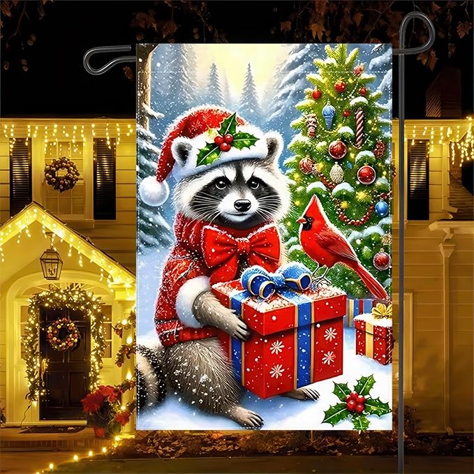 Christmas Garden Flag Double Sided 12x18 Flag Winter Raccoon Flag Cute Raccoon In Santa Hat Cardinal Bird And Festive Gift Boxes Charming Holiday Outdoor Decorations Great For Home Banner