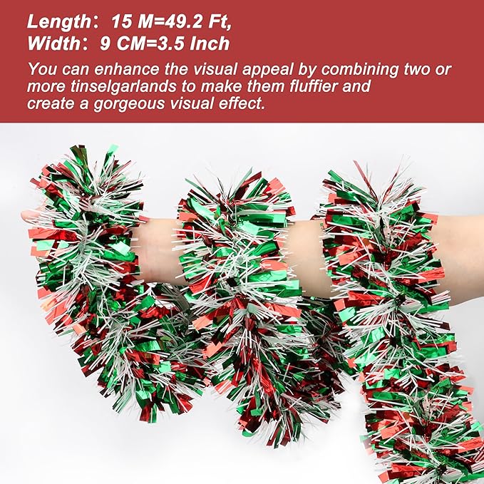50 FT Red & Green & White Christmas Tinsel Garland Metallic Twist Shiny Hanging Garland for Christmas Tree Decorations Xmas Holiday Decor for Home Indoor Party Supplies - Red Green White