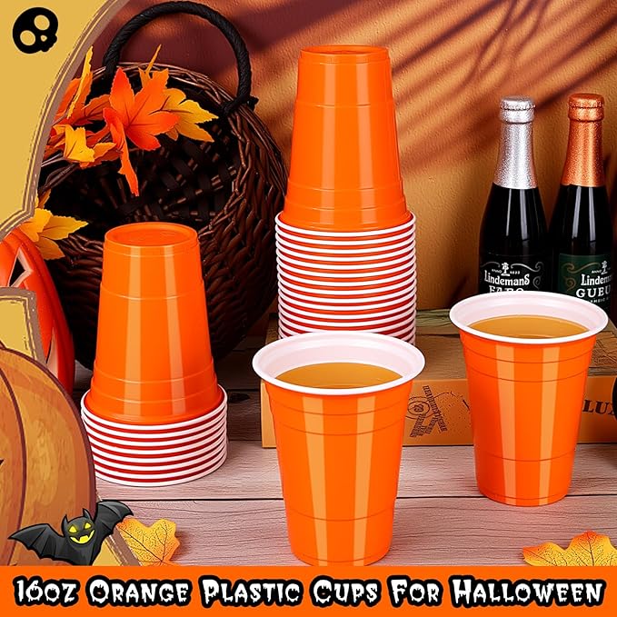 Dualshine 100 Pack Halloween Orange Plastic Cups 16 oz, Disposable Cups for Party, Heavy Duty Drinking Cups for Wedding Birthday Halloween Beer Taste Serving Snack Sample Tastings Barbecues Picnic