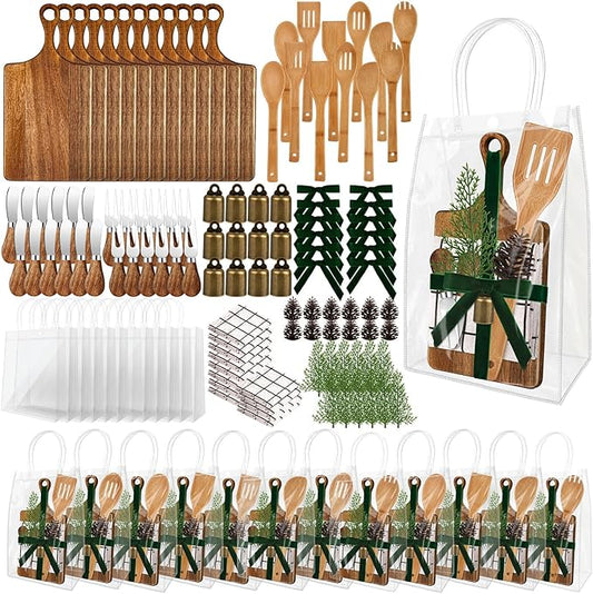 12 Set Christmas Gift Kitchen Utensils Set Acacia Spatula Mini Cheese Board Pine Cones for Christmas Kitchen Holiday Gift Party Decor