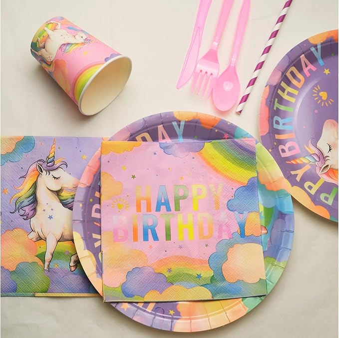 Unicorn Birthday Party Supplies Kit – 146 PCS Unicorn Party Decorations for 24 Guests, Includes Plates, Cups, Napkins, Banner, Cutlery, Tablecloth, Straws – Rainbow Theme for Girls & Boys