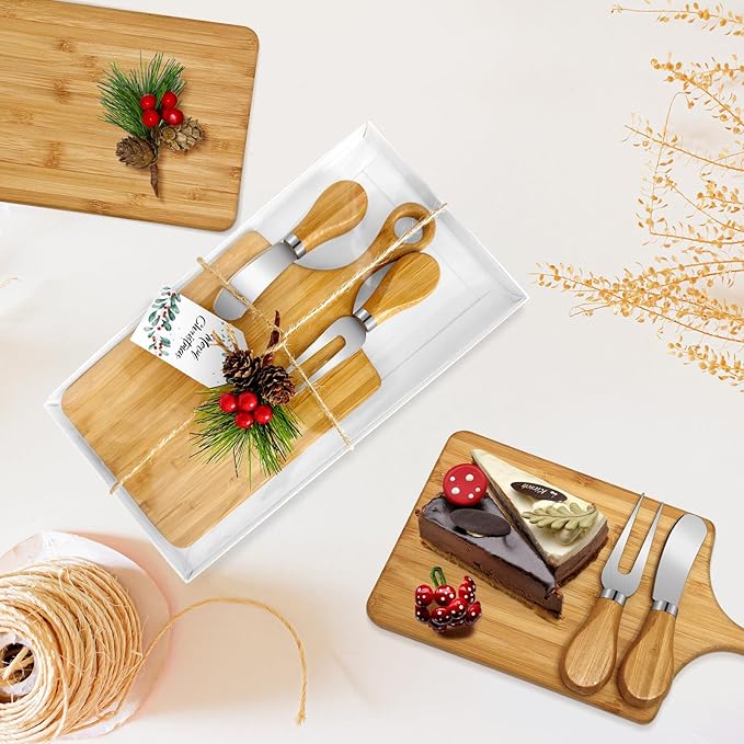 18 Set Christmas Gifts Bridal Shower Favor Bamboo Wooden Square Cheese Board Gift Set Cheese Knives Mini Cutting Board Bulk Set Tags and Boxes Christmas Party Birthday