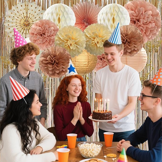 Party Decorations for Women Girls With Happy Birthday Banner Champagne Gold Fringe Curtain Hanging Swirls Butterfly Boho Paper Lanterns Pom Poms Fan Backdrop Decor (Champagne Gold Party Decorations)