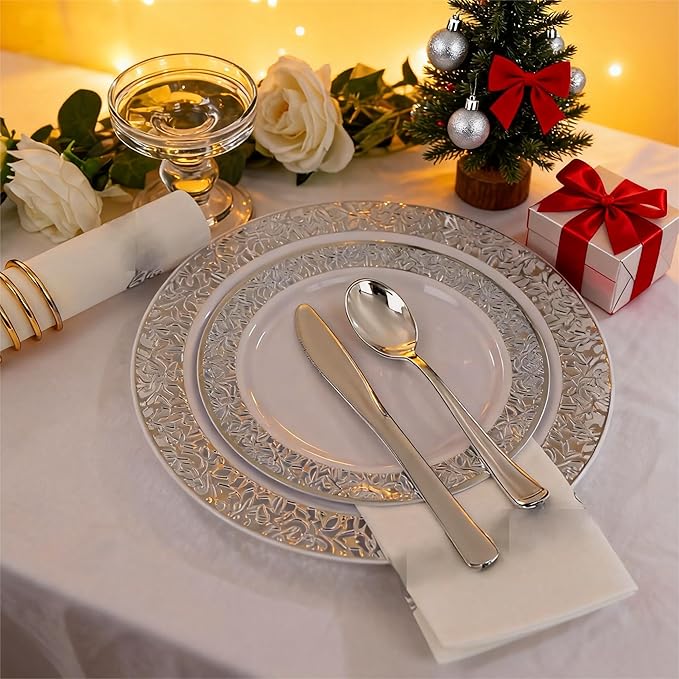 WELLIFE 350 Pieces Silver Disposable Plastic Dinnerware, Includes:50 Dinner Plates, 50 Dessert Plates, 50 Cups, 50 Pre Rolled Napkins with Silver Cutlery
