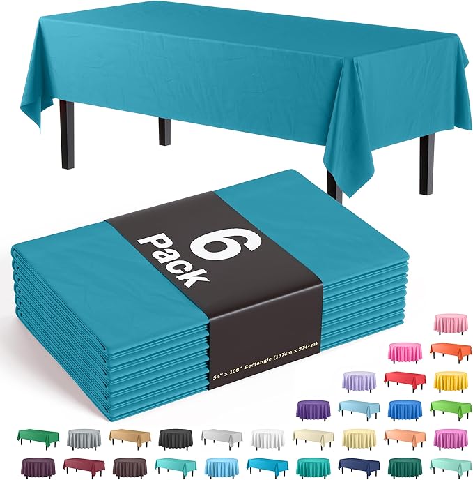 Party Solids 6-Pack Premium Plastic Tablecloth 54in. x 108in. Rectangle Plastic Table Cover - Turquoise
