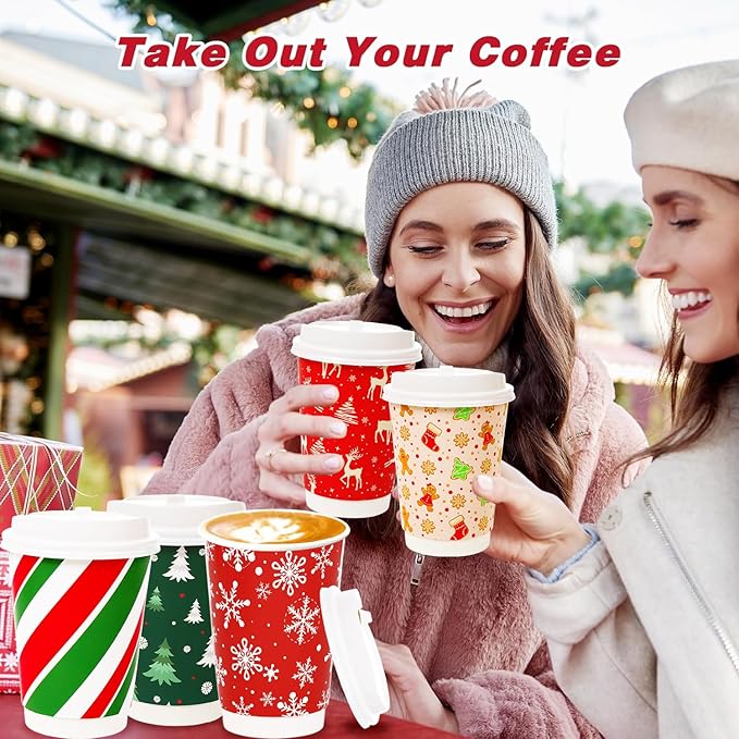 100 Sets Snowflake Gingerbread Man Christmas Tree Candy Disposable Coffee Cups with Dome Straws Sleeves 12 oz Paper Cups Sleeves Stir Straws Plastic Lids for Xmas Dinner Party Drinks Supplies