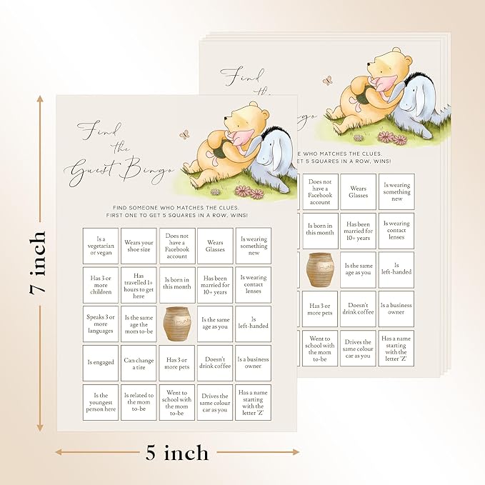 Pooh Bear Baby Shower Games, Find The Guest Bingo, Set of 30, Party Favors & Decorations
