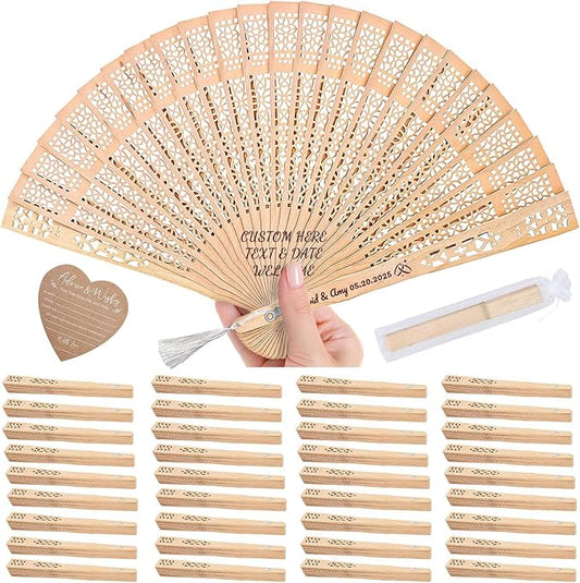 30pcs Personalized Wedding Fans for Guests - Custom Wooden Hand Fans with Names/Dates - Bulk Wedding Favors for Bridal Shower, Baby Shower & Parties (Wood, 30pcs)