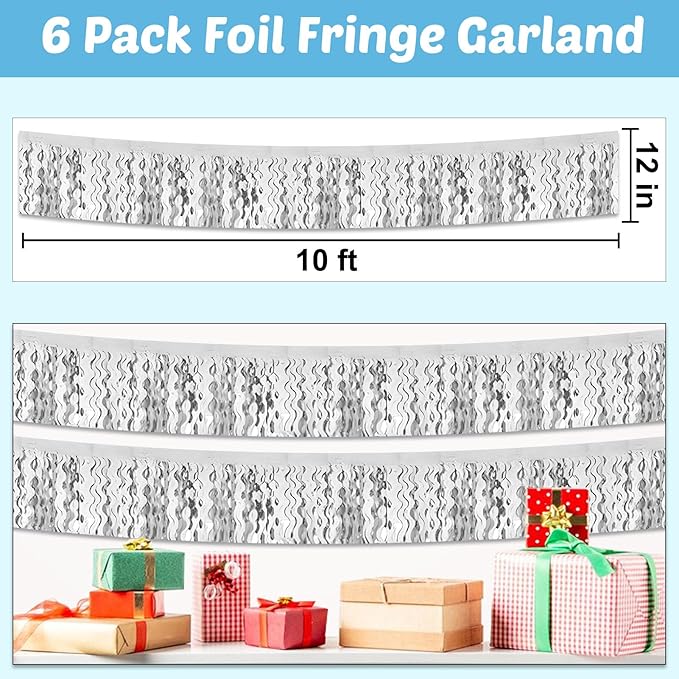 6 Pack 10 Feet Silver Wave Foil Fringe Garland Metallic Tinsel Streamers Banner Wall Hanging Curtain Backdrop for Parade Floats, Mother's Day, Easter, Wedding, Birthday Party Decoration