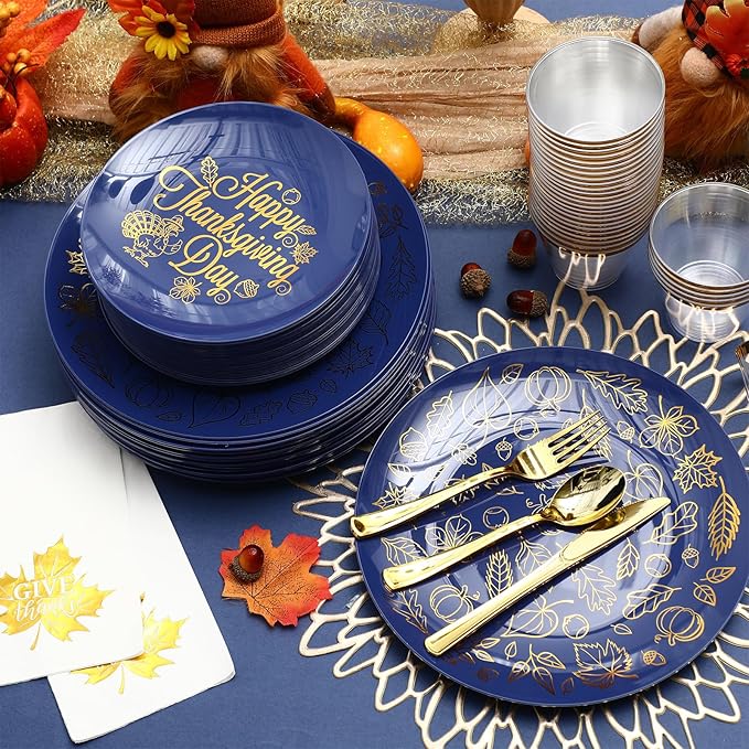 Shellwei 280 Pcs Thanksgiving Dinnerware Sets, Navy Blue Disposable Plates Includes 40 Dinner Plates 40 Cups 40 Dessert Plate 40 Paper Napkins 40 Forks Knives Spoons Supplies for Thanksgiving Day