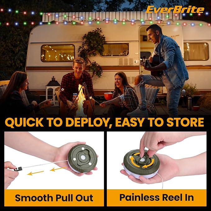 EverBrite Camping String Lights Rechargeable LED Camping Lamp, 29.5FT Outdoor Tent Lights 8 Lighting Modes, USB Charging RGB Modes Hanging Light for Awning Tent/Garden/Party/Christmas Festival Decor