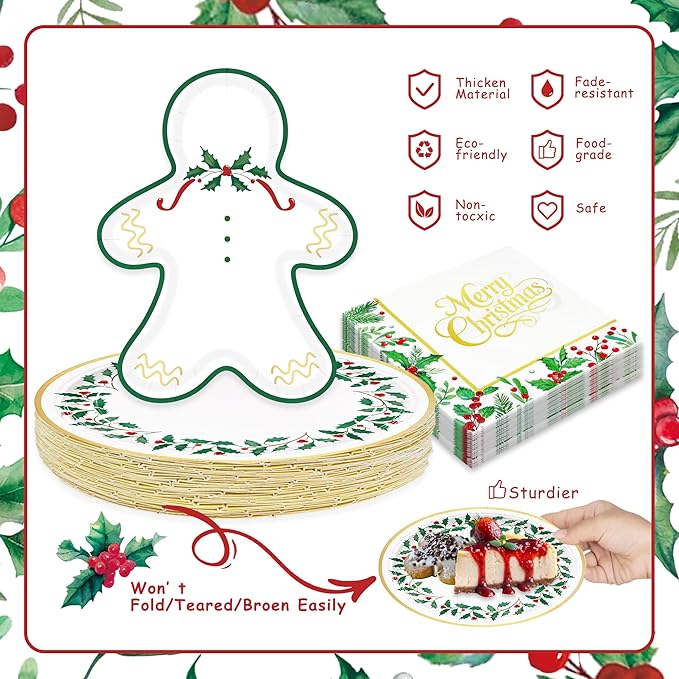 150Pcs Christmas Paper Plates Gingerbread Plates Napkins Disposable Christmas Seasonal Holly Napkins Xmas Holiday Party Supplies Serve 50 Guests
