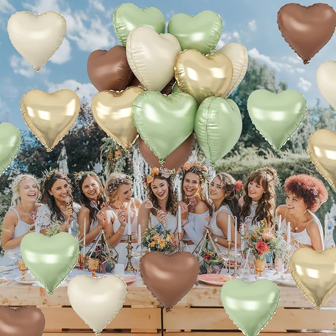 Green Gold Brown Heart Balloons, 12Pcs Retro Green Pastel Gold Beige Coffee Heart Shape Foil Balloons Olive Neutral Tan Cream Balloon for Boho Woodland Birthday Camo Army Hunting Baby Shower