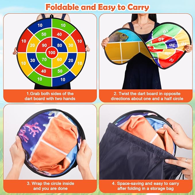 2-in-1 Outdoor Giant Tic Tac Toe Bean Bag Toss Games with Dart Board, 26" Dart Board with Sticky Balls Double-Sided Tic Tac Toe for Kids Adults Large Lawn Carnival Yard Birthday Family Party Games