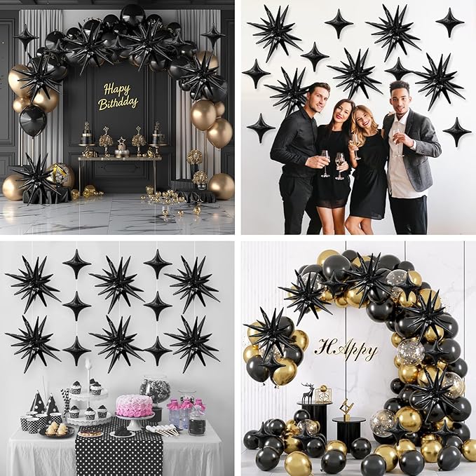 Black Star Balloon,6Pcs 22Inch Explosion Star Balloons and 10Pcs 10Inch Four Angle Balloons Kit for Birthday Halloween Anniversary Baby Shower Wedding Party Decorations