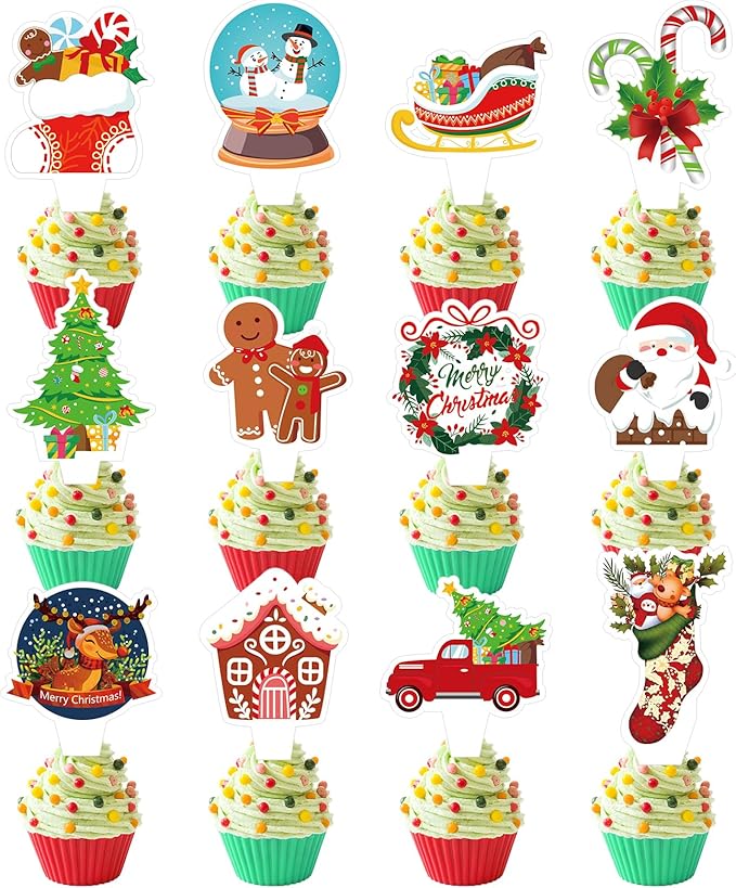 36 PCS Christmas Party Happy Birthday Cupcake Toppers Merry Christmas Theme Party Decorations Cake Decor Cupcake Decorations Cake Decorating Party Supplies Decor for Baby Shower Boys Girls