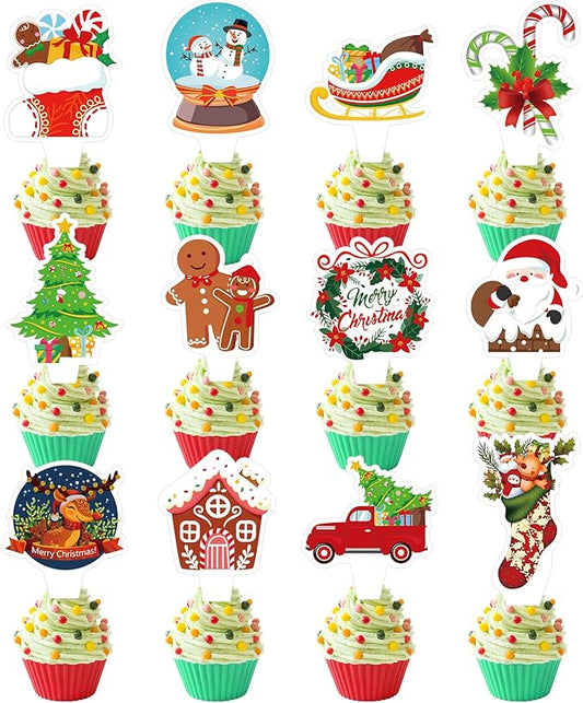36 PCS Christmas Party Happy Birthday Cupcake Toppers Merry Christmas Theme Party Decorations Cake Decor Cupcake Decorations Cake Decorating Party Supplies Decor for Baby Shower Boys Girls