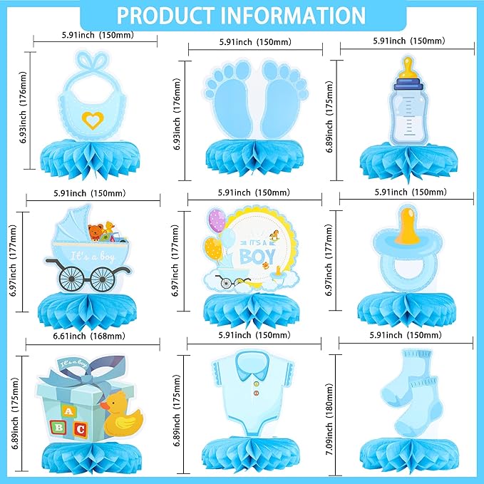 Gyufise 9Pcs Baby Shower Decorations Honeycomb Table Centerpieces Pacifier Welcome Baby Boy Table Toppers It's a Boy Honeycomb Centerpiece Decro for Gender Reveal Baby Shower Boys Birthday Party Blue
