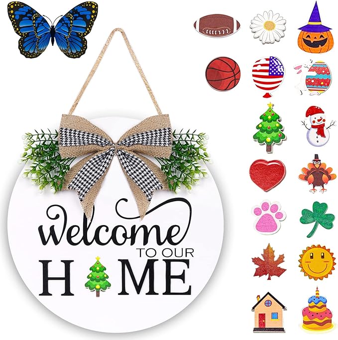 Interchangeable Welcome Sign for Front Door - Solid Wooden Welcome Wreaths with 16 Seasonal Holiday Icons Front Door Decor for Farmhouse Hanging, Valentine's, Easter Christmas Housewarming Gift Decor