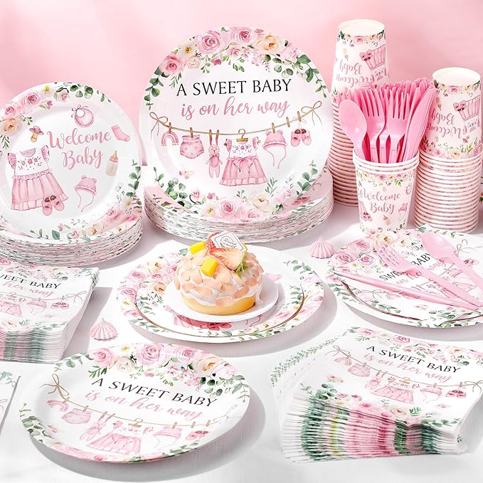 Pickmesh 400 Pcs Floral Baby Shower Party Decoration Include A Sweet Baby ls on Her Way Disposable Plates It's a Girl Napkins Cup Cutlery Pink Floral Sweet Girl Tableware Set Party Supplies Serve 50