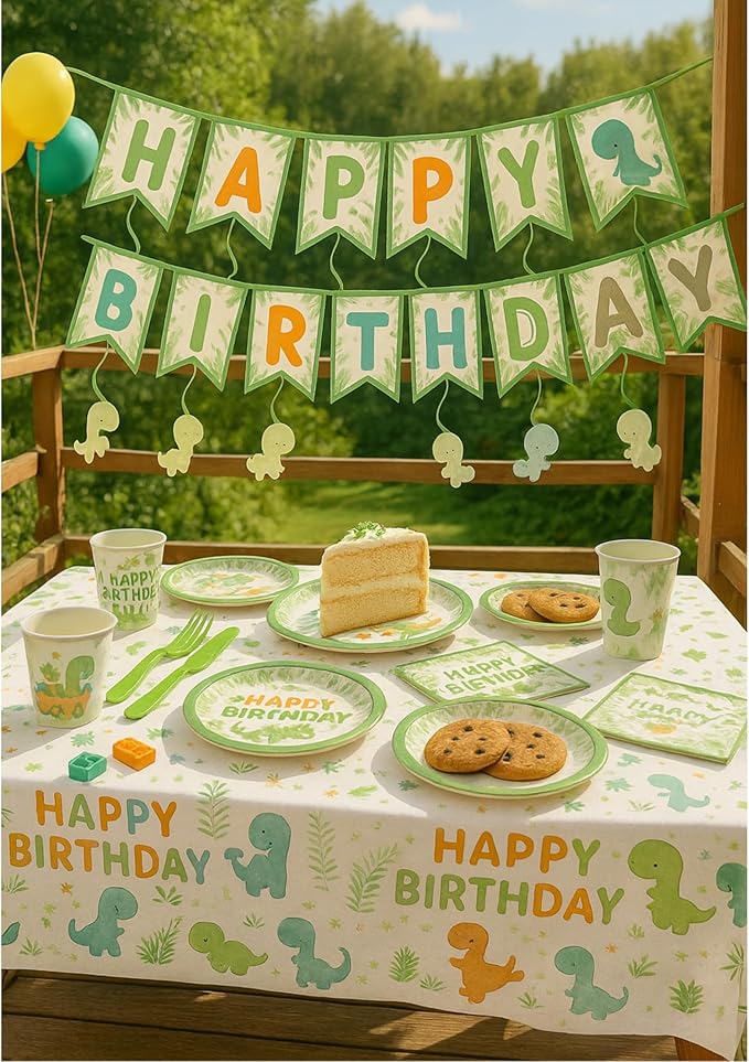 Dinosaur Birthday Party Supplies Kit – 88 PCS Dino Party Decorations for 16 Guests, Includes Plates, Cups, Napkins, Banner, Cutlery, Tablecloth, Hanging Swirls – Jurassic Dino Theme for Boys & Girls