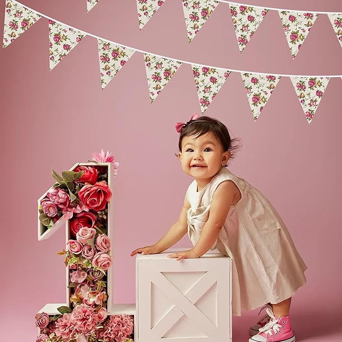 46Ft Vintage Floral Burlap Banner Flower Burlap Triangle Pennant Flag Linen Bunting Garland Streamers for Rustic Birthday Boho Wedding Baby Shower Engagement Camping Spring Easter Party Decorations