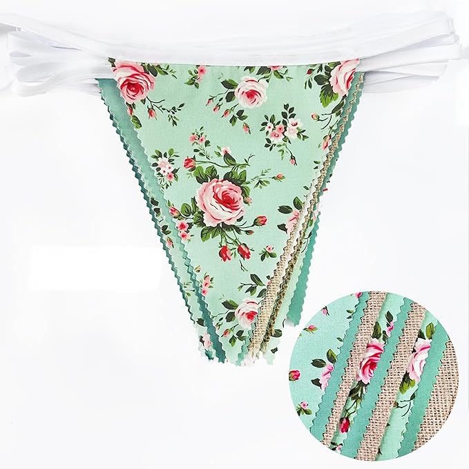 32Ft Flora Party Decorations Sage Green Wildflower Burlap Flora Fabric Banner Triangle Flag Pennant Garland Streamer for Tea Party Vintage Birthday Wedding Baby Shower Mother's Day Engagement Decor