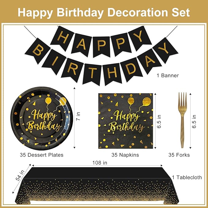 Serves 35 Guests Happy Birthday Paper Plates Party Supplies,7 Inch Black and Gold Happy Birthday Disposable Paper Plates Napkins Forks Tablecloths Banner for Party Decorations