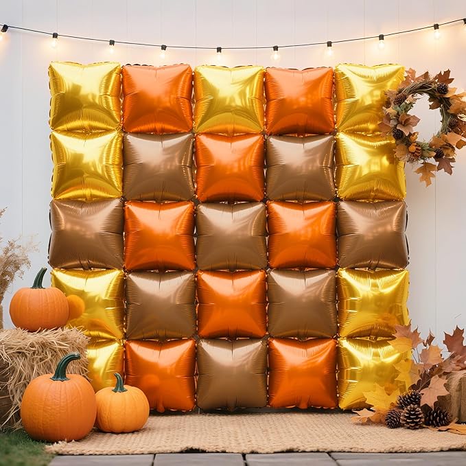 NISOCY 48PCS Orange Gold Brown Square Foil Balloons Wall Backdrop Metallic Autumn Fall Balloons Arch Kit for Thanksgiving Friendsgiving Birthday Halloween Baby Shower Fall Color Party Decorations