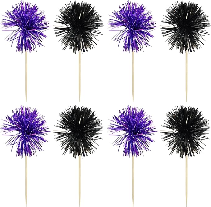 Gyufise 30Pcs Foil Firework Cupcake Toppers Sparkle Tinsel Cake Toppers Tinsel Drink Cake Decoration Cocktail Picks for Birthday Wedding Graduation Party Supplies Black Purple