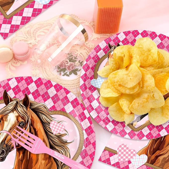 96Pcs Horse Party Supplies Pink Mustang Tableware Set Plates Napkins Forks Serves 24 Guests Pink Cowgirl Baby Shower Birthday Party Decorations