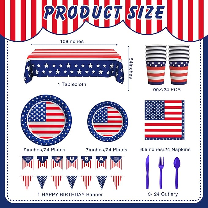 American Flag Themed Party Decorations, 170 Pcs Patriotic Party Decorations Including Banner, Plates, Cups, Napkins, Cutlery, Straws and Tablecloths, Serves 24