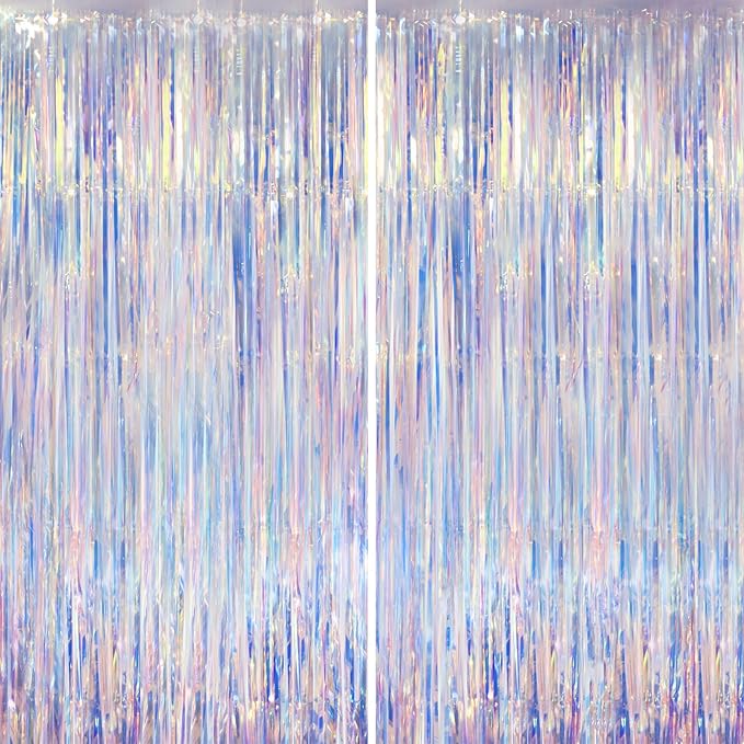 2 Pack Iridescent Foil Fringe Curtains, Holographic Tinsel Streamers Birthday Party Decorations, Fringe Backdrop for Kids Birthday, Baby Shower, Anniversary, Engagement Themes Party