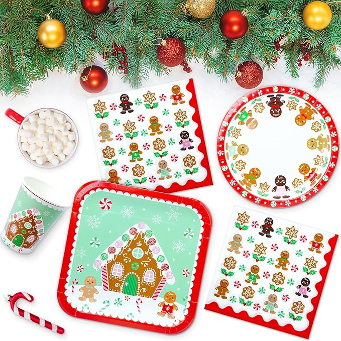 100 Christmas Party Paper Plates Napkins and Cups Set Gingerbread Disposable Dinnerware Set