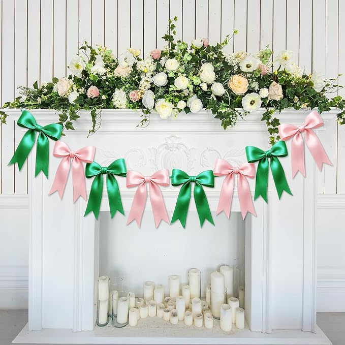 1 String of 8PCS Pink&Green Bow Garland Banner Wicked Party Decoration,Pre-Strung Satin Ribbon Ornaments for Birthday,Bachelorette Party,Wedding,Engagement,Baby Shower,Graduation Decor,Anniversary