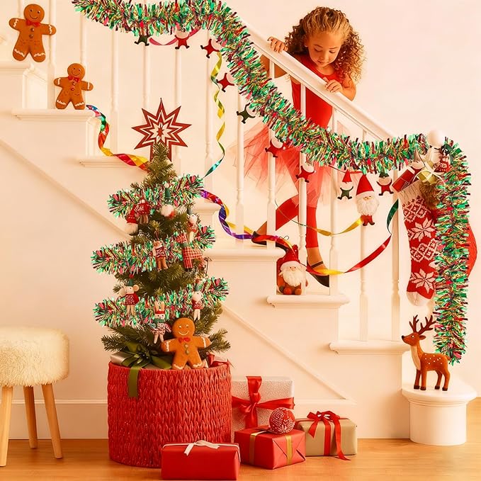 50Ft Christmas Tinsel Twist Garland, Metallic Twist Garland Tree Decorations for Christmas Tree New Year Party Birthday Holiday Supplies Indoor and Outdoor Decoration (Red Green Gold)