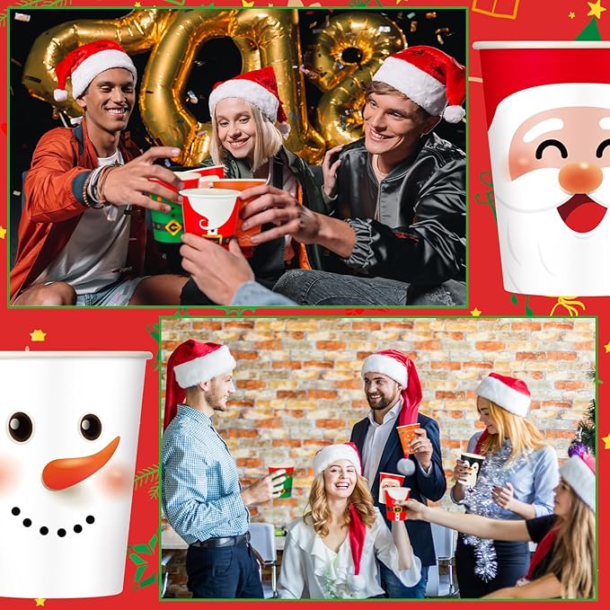 Zhehao 200 Pcs Christmas Paper Cups Xmas Disposable Coffee Cups 9 oz Santa Snowman Elk Disposable Christmas Paper Drinkware for Tea Beverage Cocoa Cold Hot Drink