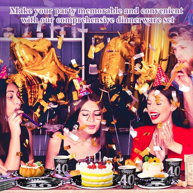 Pickmesh 400 Pcs 40th Birthday Party Supplies Purple Black Happy 40th Birthday Decorations Include Disposable Paper Plates Napkins Cups Cutlery for Men Women Party Serve 50