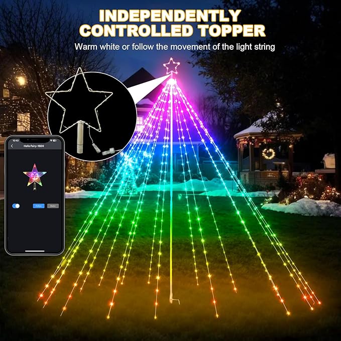 13Ft 622LEDs Outdoor Christmas Lights Yard Decor, Smart Color Changing RGB Flag Pole Christmas Tree Light, App/Remote Control, Timer, Dimmer, Group Control, Waterproof, Large Outside Xmas Decor