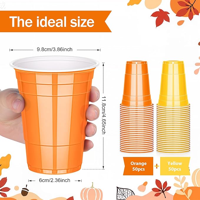 KesaPlan 100 Pcs 16 OZ Plastic Cups for Thanksgiving Party, Disposable Yellow and Orange Drinking Cups, Fall Plastic Cup for Thanksgiving Halloween Wedding Birthday Holiday Party Celebrations