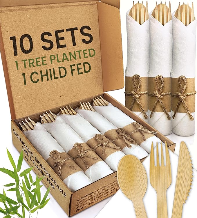 Premium Pre Rolled Napkin and Bamboo Cutlery Set (10 Pack, 40 PCS) 100% Biodegradable, Eco-Friendly, Disposable Wrapped Cutlery - Pre-Wrapped Bamboo Forks, Knives, Spoons, Napkins, Brown Roll