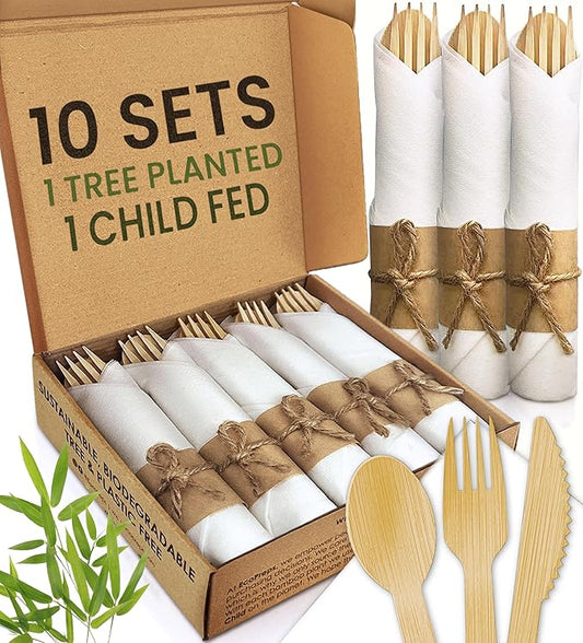 Premium Pre Rolled Napkin and Bamboo Cutlery Set (10 Pack, 40 PCS) 100% Biodegradable, Eco-Friendly, Disposable Wrapped Cutlery - Pre-Wrapped Bamboo Forks, Knives, Spoons, Napkins, Brown Roll