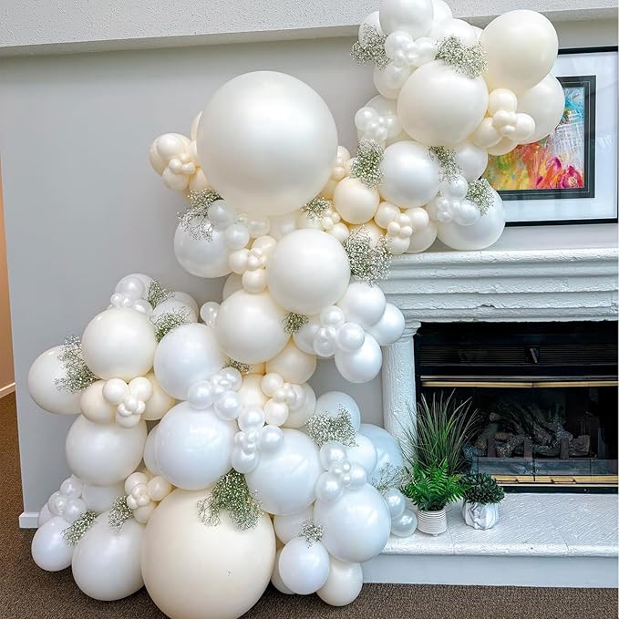 Pearl White Balloons With Pearl Stickers, 98PCS Pearl Standard White Double Stuffed Balloons Garland Arch Kit, 18/12/10/5 inch Different Size Balloons for Wedding Bridal Baby Shower Decorations