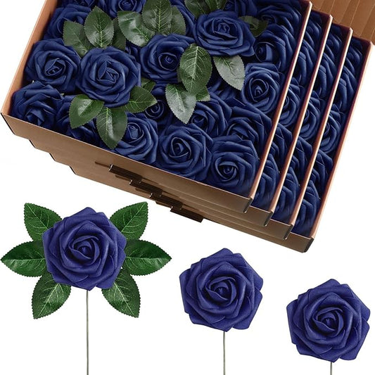 100 Pieces Artificial Foam Rose Flowers Faux Bouquet with Leaves and Stems for DIY Wedding Bouquets Centerpieces Bridal Shower Party Valentine Home Decorations(Navy Blue)