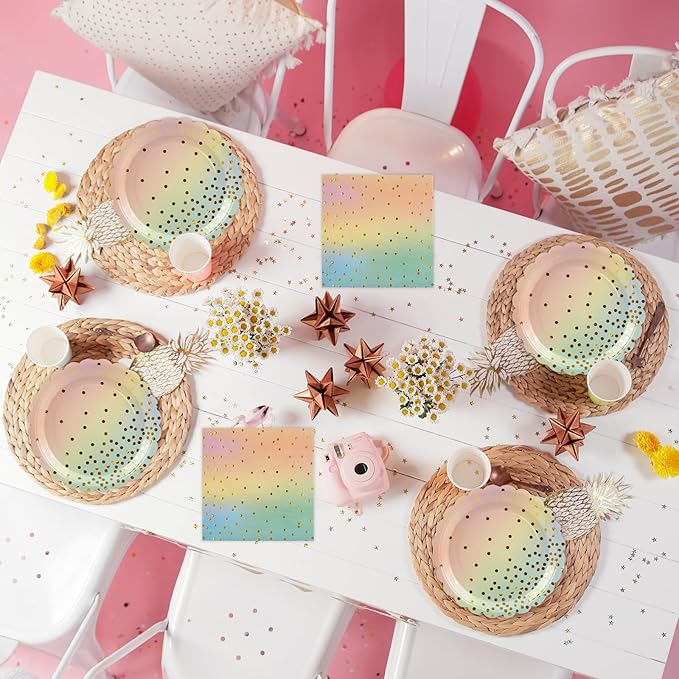 50PCS Colored Paper Plates and Napkins Set - Colourful and Gold Dot Disposable Party Tableware Dinnerware Set Party Supplies Decorations for Birthdays, Baby Shower, Weddings and Holidays