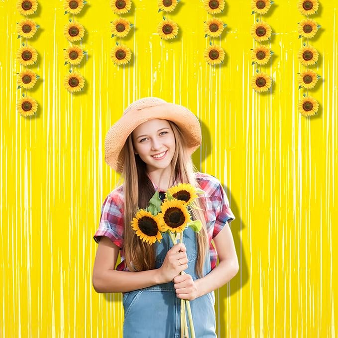 BRAVESHINE Foil Fringe Curtain Backdrop - 2 Pack Yellow Tinsel Photo Booth Backdrop Party Streamers for Easter, Birthdays, Christmas, Lemon, Pineapples, Kids' Party Decorations