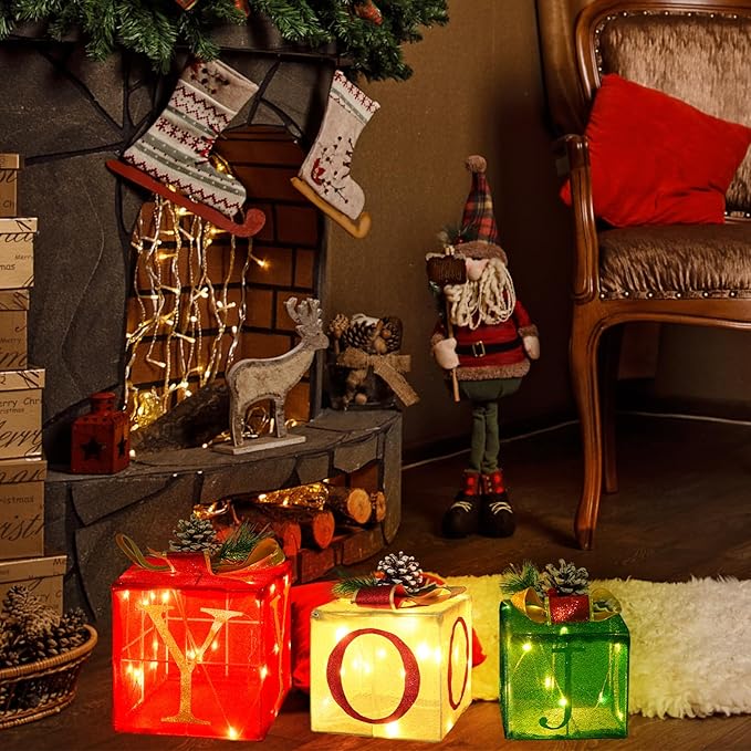 Christmas Joy Lighted Gift Boxes Decorations Set of 3, 2.8Ft Stackable Christmas Nesting Boxes Battery Operated for Home and Party Decoration