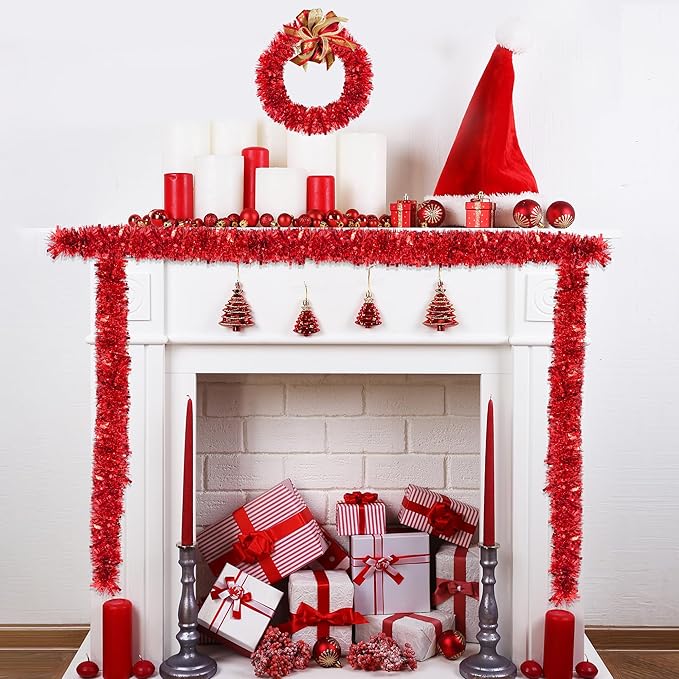 50FT Red Christmas Tinsel Garland Metallic Twist Xmas Garland for Christmas Tree Decorations Holiday Hanging Garlands for Mantel Staircase Indoor Outdoor Home Office Classroom Party Holiday Decor